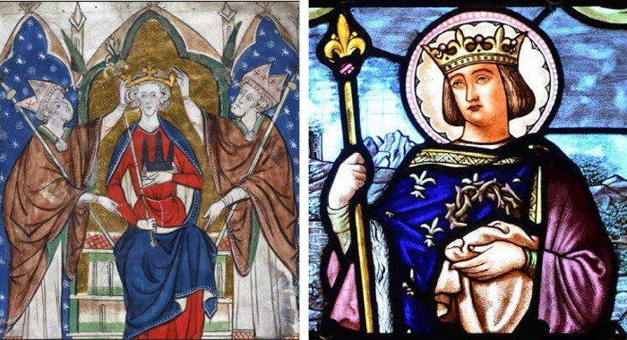 亨利三世和路易九世的画像，都以蓝色为底纹，并装饰红蓝长袍。