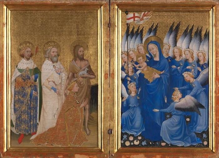 英国著名的威尔顿双联祈祷画（The Wilton Diptych），大约绘制于14世纪后期，将圣母玛利亚和贞女们都描绘为身着深蓝色。