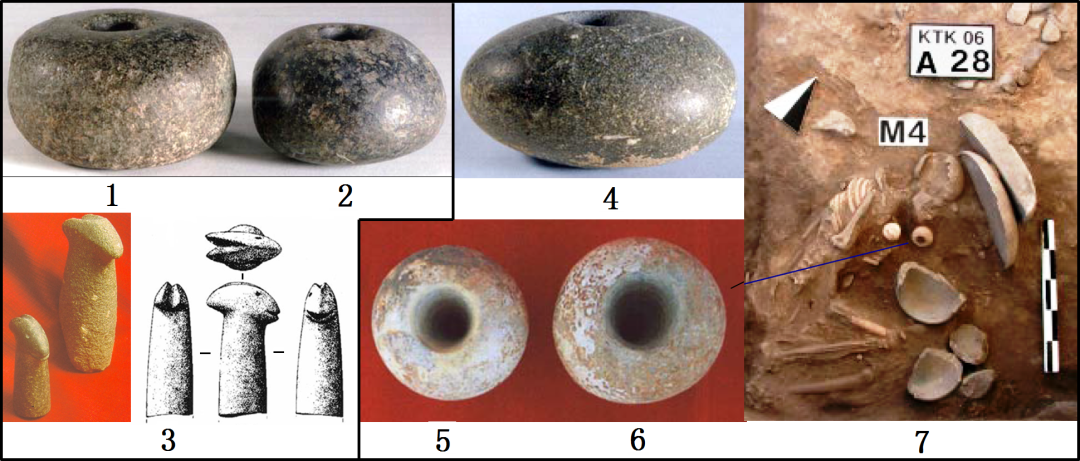图九：近东地区前陶新石器时代的权杖和杖头 1-3. 哈兰--切米丘，4-6. 科尔提克丘，7. 科尔提克丘M4