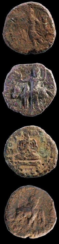 正面铸有国王的形象，另一面有佛教中的弥勒佛、印度教中的湿婆、希腊神话的月亮女神等等。  资料图