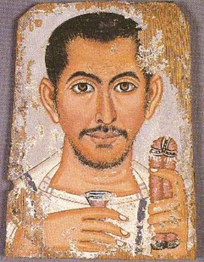 图七 手持花束的男子肖像画，公元220-50，高：34厘米，宽25厘米，保罗·盖蒂博物馆（J. Paul Getty Museum），79.AP.142