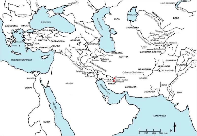 图3 阿契美尼德波斯帝国地图(公元前6-前4世纪)(图片来源:©吴欣)