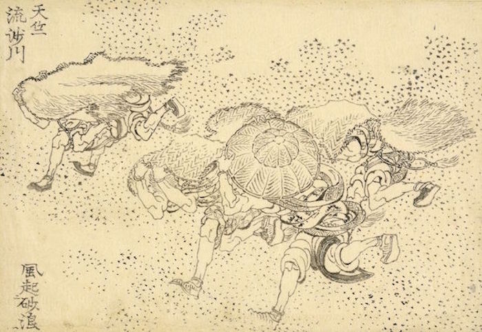 《万物绘本大全》,葛饰北斋所描绘的在沙尘暴中奔跑的印度人