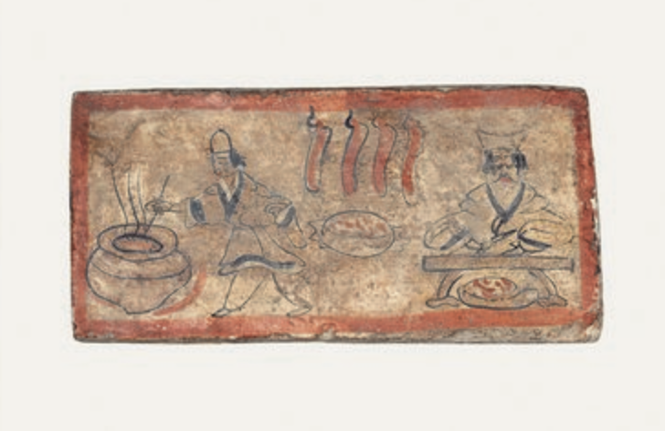 “烤肉煮肉图”壁画砖,魏晋,嘉峪关市魏晋1号墓出土。