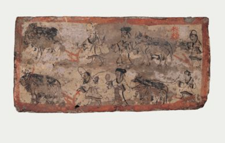 “耕种图”壁画砖,魏晋,嘉峪关市魏晋1号墓出土。