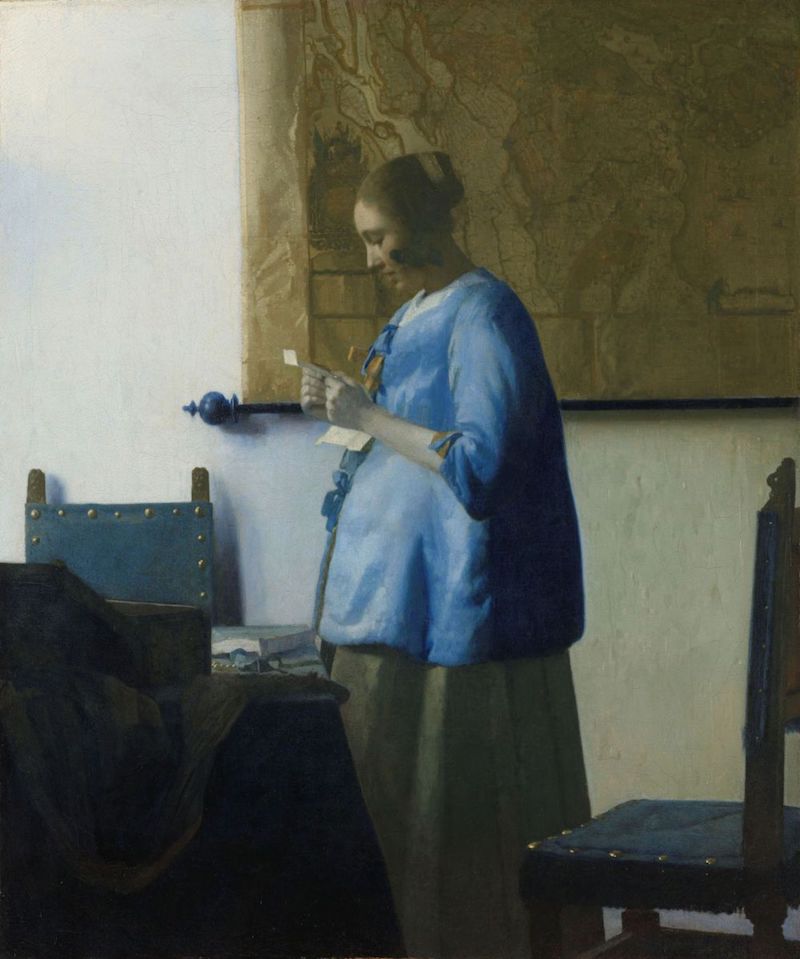 读信的蓝衣女人  46.6 × 39.1 cm，1662 - 1663，布面油画  阿姆斯特丹国家博物馆藏