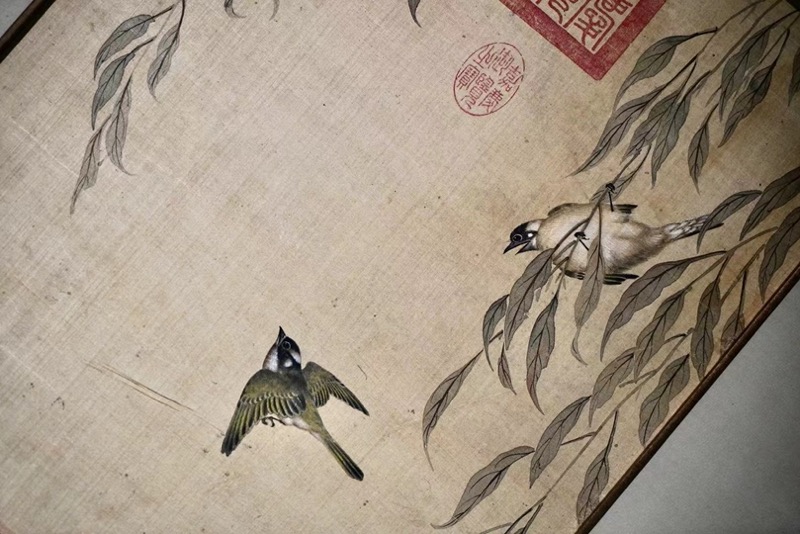 葛曙《柳枝双禽》局部