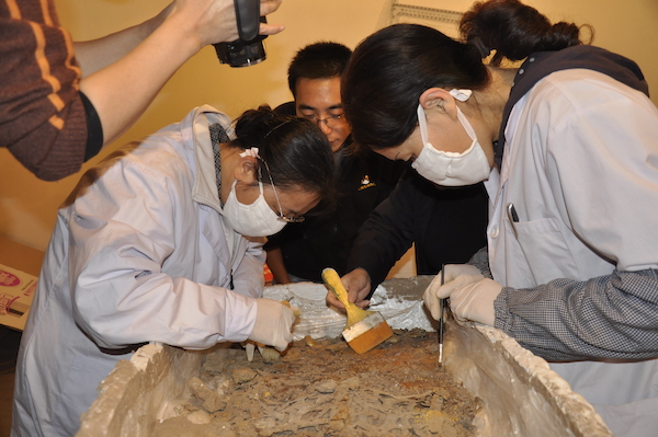 国家博物馆杨小林研究员和甘肃省文物考古研究所邓天珍副研究员在室内清理M3-1号车车舆
