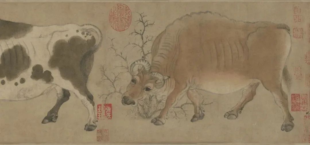 唐 韩滉 《五牛图》 。故宫所藏的《五牛图》是韩滉作品的传世孤本，也是为数寥寥的几件唐代纸绢绘画真迹之一 。