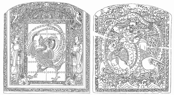 〔图三〕 潼关税村隋墓画像石棺挡线摹图 头挡高106厘米 宽98厘米 足挡高90厘米 宽78.5厘米 陕西潼关税村出土 陕西省考古研究院藏 采自《潼关税村隋代壁画墓》