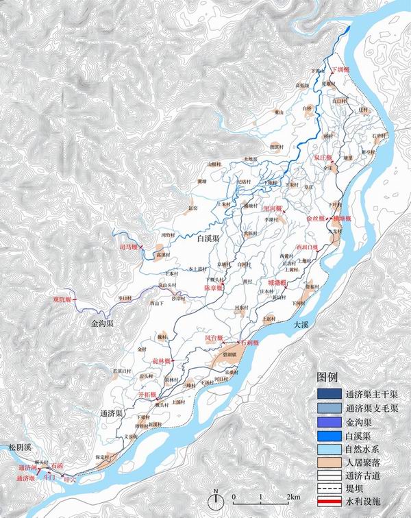 1960年代的碧湖平原古堰灌区平面图(崔子淇绘)