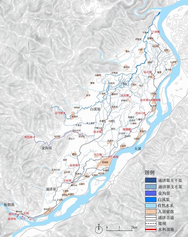 1960年代的碧湖平原古堰灌区平面图（崔子淇绘）