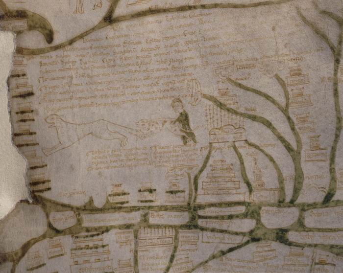 一幅描绘在羊皮纸上的丝绸之路的地图