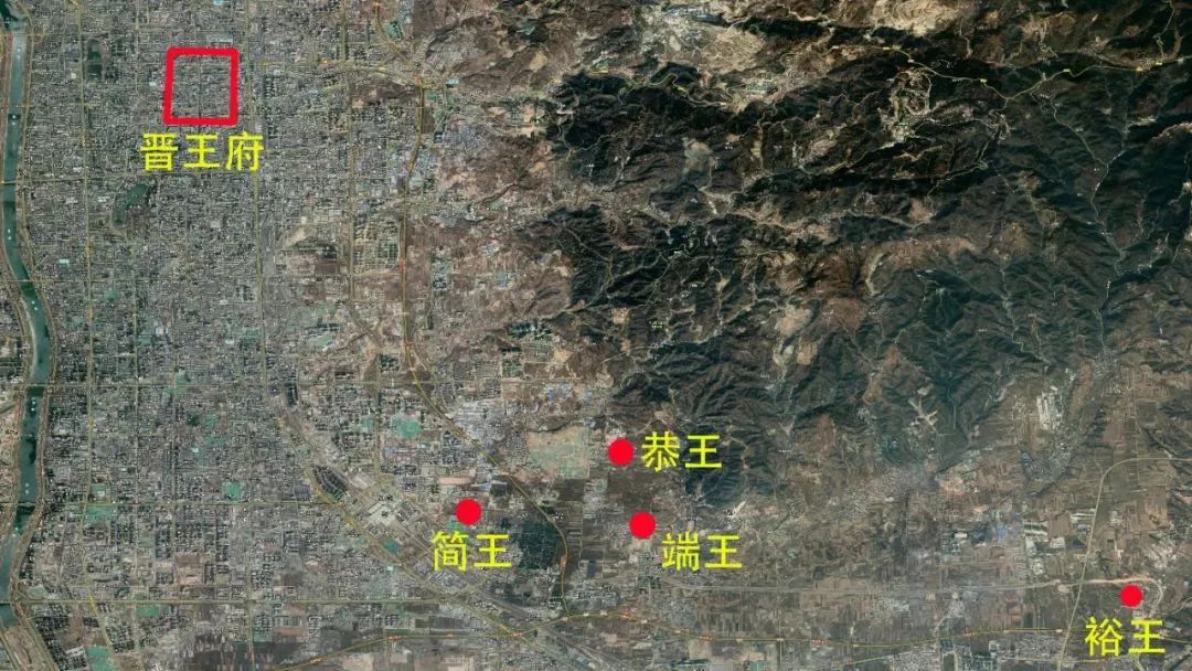 明代晋王府与晋藩王墓位置示意图