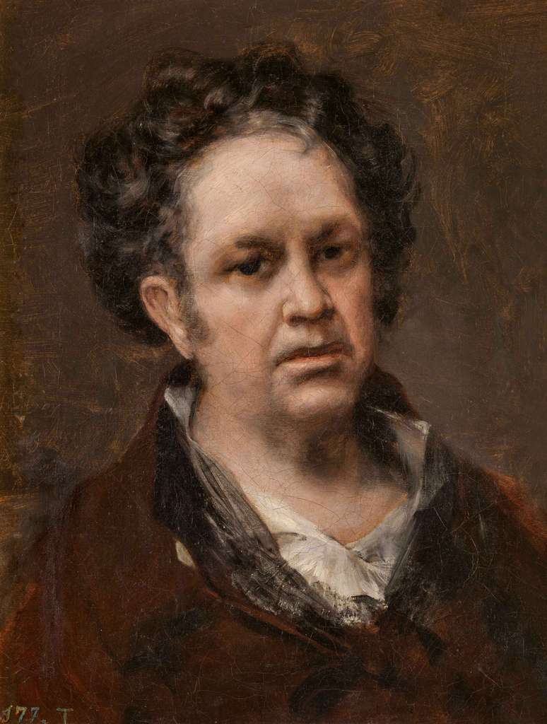 戈雅，《自画像》,1815，普拉多国家博物馆 这幅自画像绘于西班牙独立战争结束后一年，在这位69岁画家的表情中流露出毫不掩饰的忧郁。