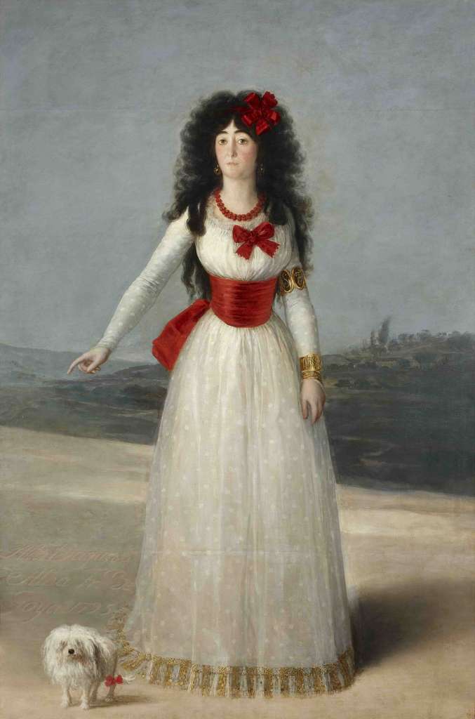 戈雅，《白公爵夫人》，1795 年，马德里德里亚宫藏 阿尔巴公爵夫人(1762-1802)，拥有15个贵族头衔，是当时最富有的贵族之一。作为艺术家、音乐家和剧作家的赞助人，她赢得了众多声誉。