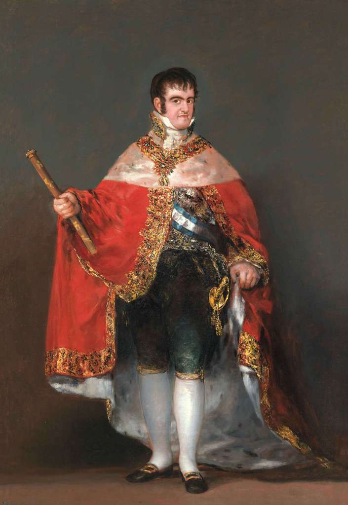 戈雅，《费尔南多七世》(披着皇家斗篷的费迪南德七世)，1814-1815年，西班牙普拉多国家博物馆藏 费迪南德七世(1784-1833)是西班牙国王查理四世的长子，在法军撤退后，他废除了自由宪法，复辟了波旁王室。