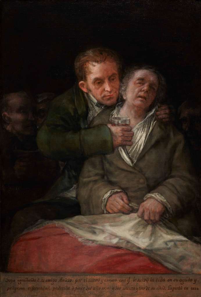 戈雅，《有阿瑞塔医生的自画像》，1820年，明尼阿波利斯艺术学院藏 马德里医生阿瑞塔(1770-1820年后)在1819年医治了病重的画家，为了感谢救命之恩，戈雅把这幅画像送给了阿瑞塔。第二年，阿瑞塔前往西非研究黑死病，后消失于西非。