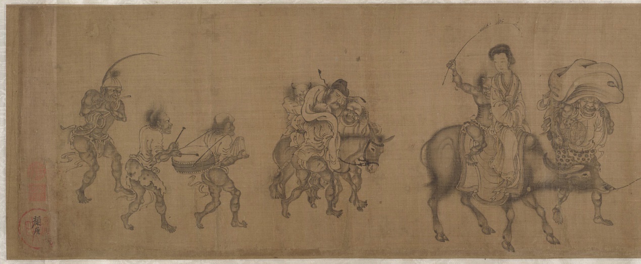 图6 传南宋/元,颜庚,《钟馗嫁妹》(局部),绢本墨笔,长卷,24.4 x 253.4 cm,大都会艺术博物馆藏。