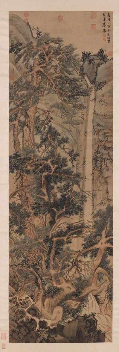 图15 明代,文徵明,《古木寒泉图》,1549,轴,绢本设色,194.1x59.3cm,台北故宫博物院藏。
