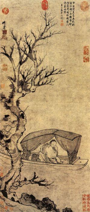 图24 元代,张渥,《雪夜访戴图》,轴,纸本墨笔,91.8x39.6cm,上海博物馆藏。
