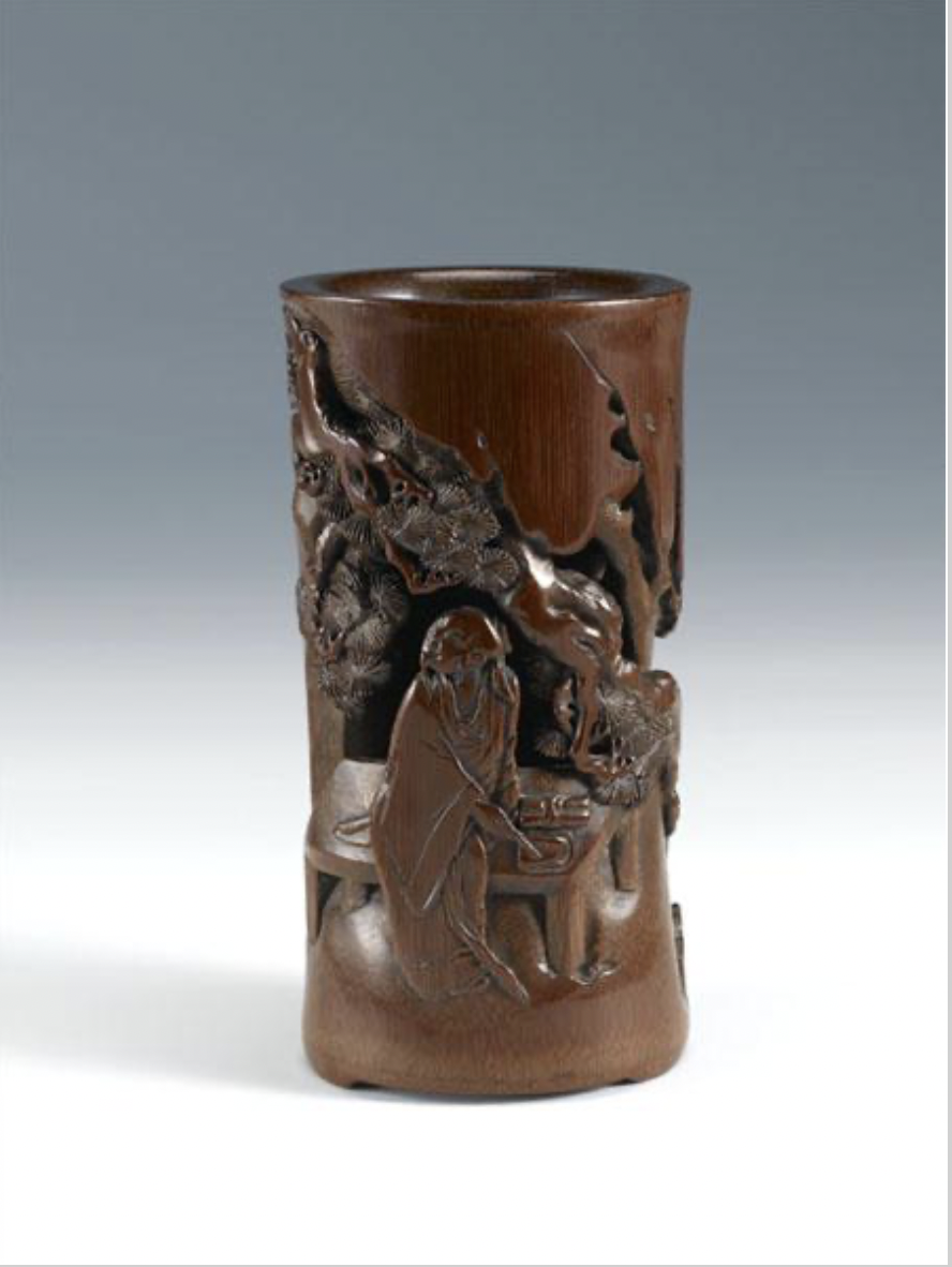 “竹镂文心——竹刻艺术特展”展品 朱稚征 竹雕高士图笔筒
