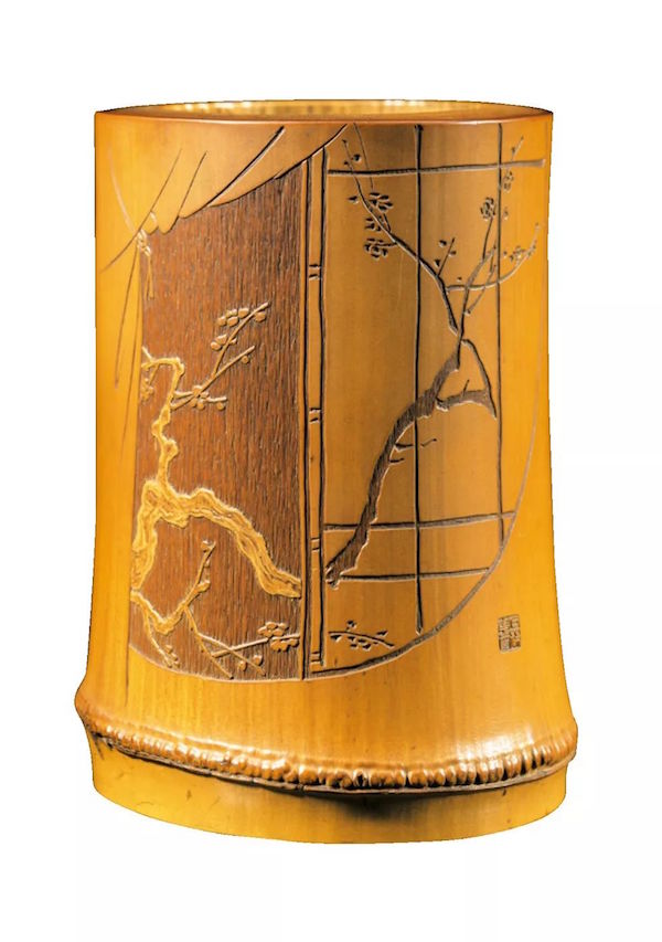上海博物馆藏金西厓竹刻作品 留青阴阳文金城画梅窗图竹笔筒(非本次展品)