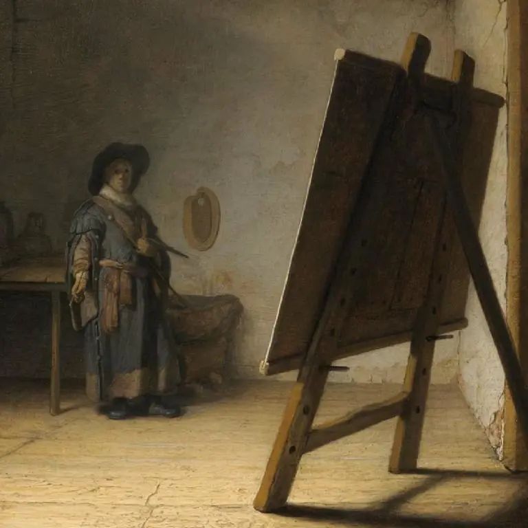 《艺术家在工作室的自画像》，伦勃朗，荷兰，约1628年，木板油画