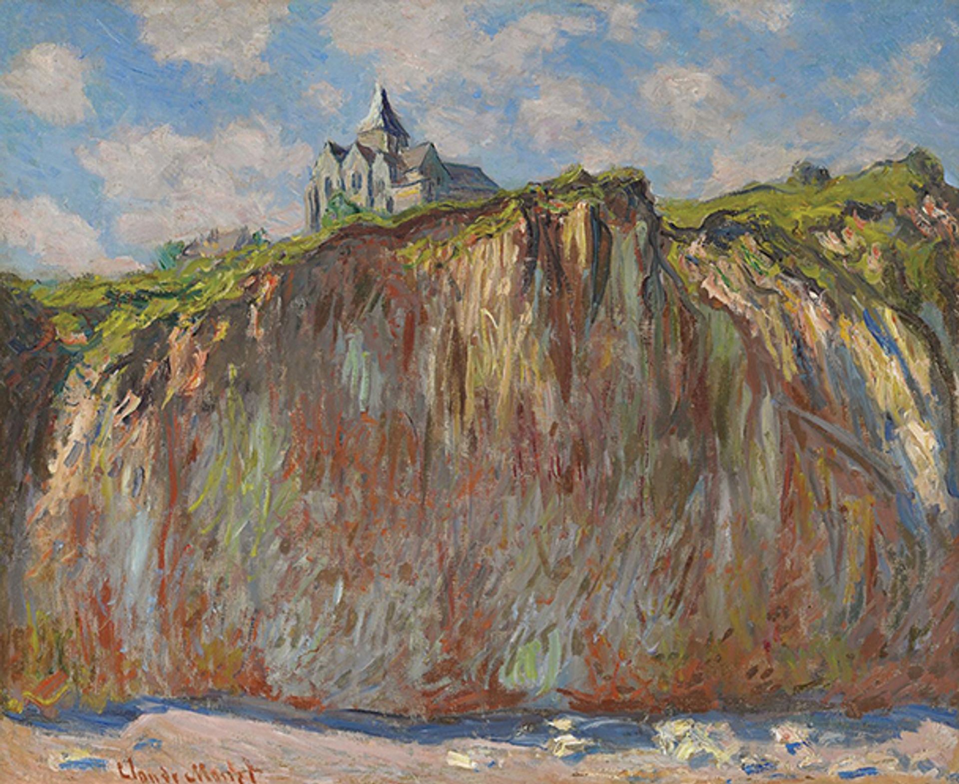 莫奈在一系列作品中捕捉到的圣瓦勒里教堂（Saint-Valéry），包括《晨曦中的瓦朗日维尔教堂》（1882年）。教堂正面临着坠入大海的危险。