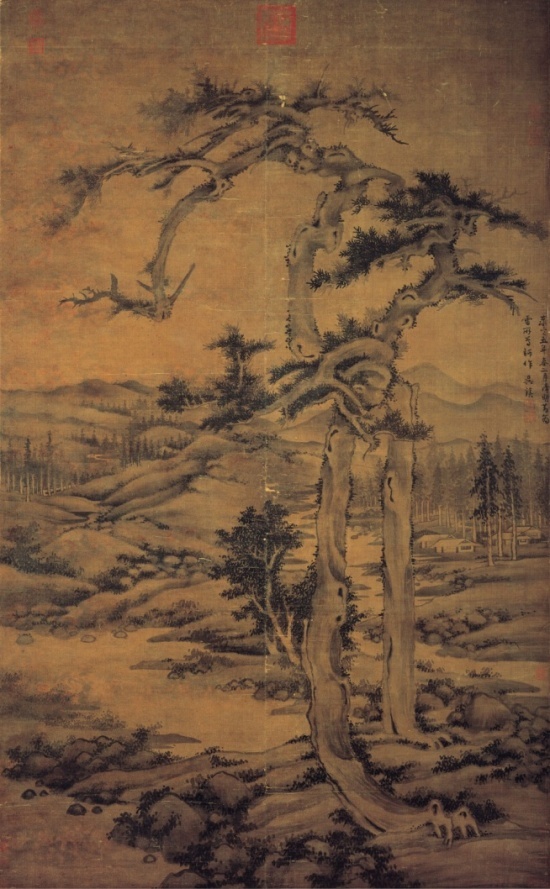 图2元代,吴镇,《双松图》,轴,绢本水墨,180x111.4cm,台北故宫博物院藏。