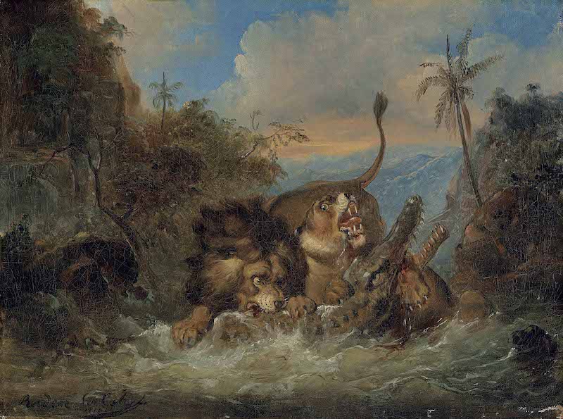 《雄狮、雌狮与鳄鱼搏斗》，拉登·萨利赫，1840年，私人收藏
