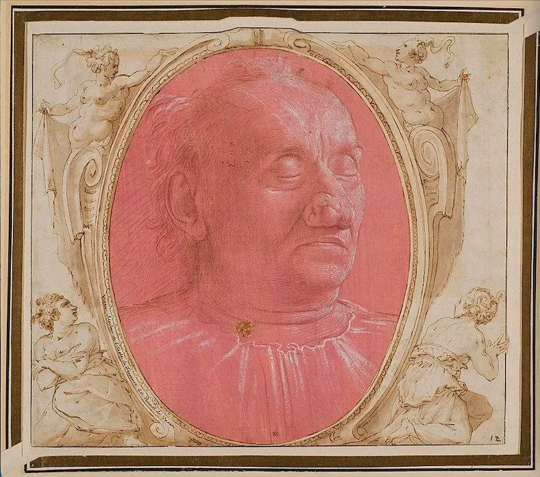 多梅尼哥·基尔兰达约，《粉红色背景的老人肖像》，被认为出自瓦萨里的“素描图册”。