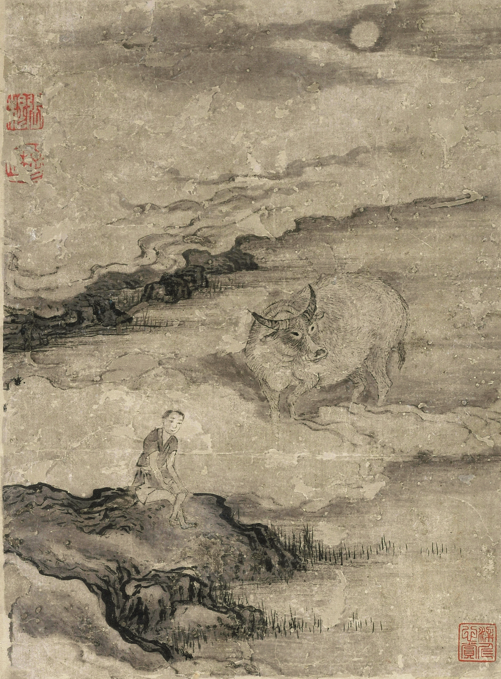 (明) 张穆 牧牛图册·相忘 纸本设色 纵23.7厘米 横17.7厘米 杨铨先生捐赠 广州艺术博物院藏