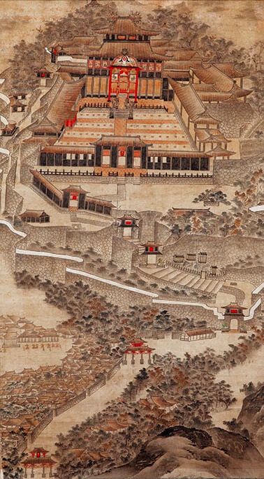 首里城图,第二尚氏时代(19世纪); 描绘了19世纪前半叶首里城,是一幅反映王国时代首里城风貌的珍贵绘图。