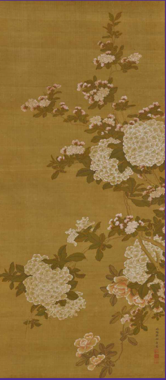 山口宗季(吴师虔),《花卉图》,第二尚氏时代(18世纪); 山口宗季(1672- 1743)是王府画师,曾在中国福建学习花鸟画表现手法。据说其作品通过萨摩传入日本,在京都也受到了好评。