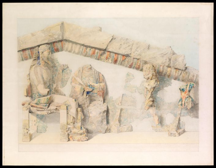 埃米尔·吉列龙(1850–1924)关于雅典卫城石灰岩雕塑的水彩画