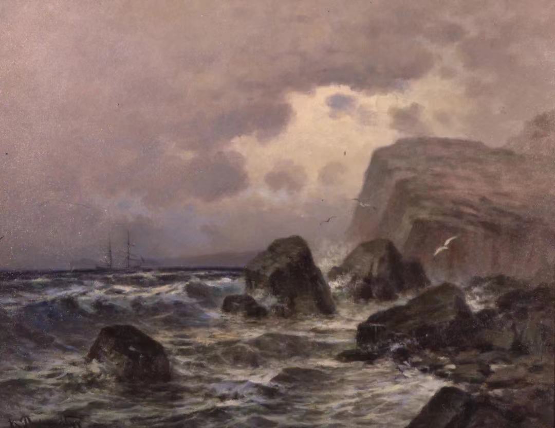 康斯坦丁诺斯·罗曼尼迪斯（1884-1972），《海景》，布面油画，拉里萨市立美术馆-G.I.卡西格拉斯博物馆藏；图片来源：上海博物馆 康斯坦丁诺斯·罗曼尼迪斯主要创作风景画和海洋画，更偏爱海岸风景，遵循了法国印象派的风格。