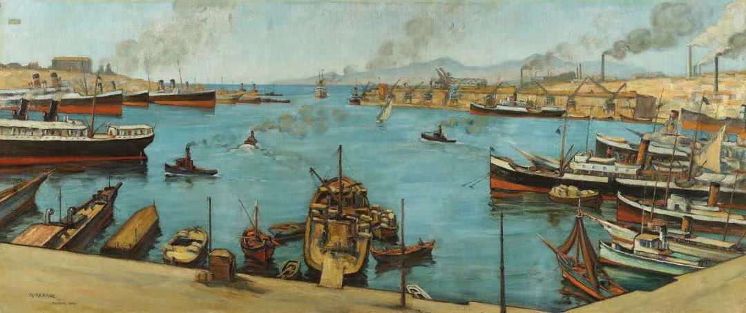 迈克尔·阿克塞洛斯，《比雷埃夫斯》，1934年，布面油画，希腊银行艺术典藏，图片来源：上海博物馆