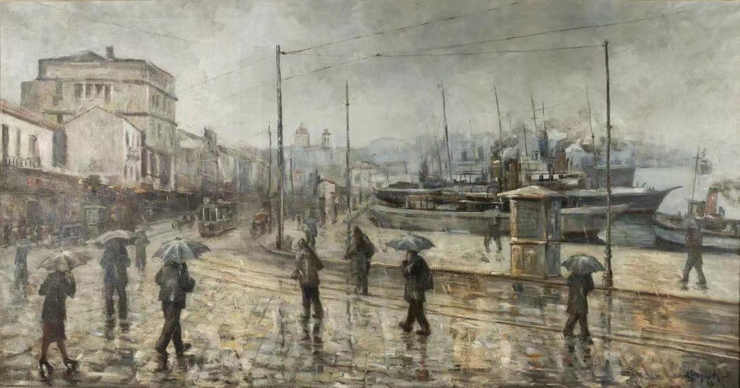 斯特拉提斯·阿西奥蒂斯，《在比雷埃夫斯港口》，1938年，布面油画，比雷埃夫斯市立美术馆藏，图片来源：上海博物馆