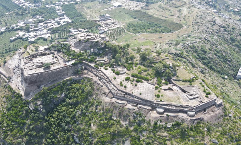An aerial view of the newly-excavated site on top of Bazira heritage site. — Dawn